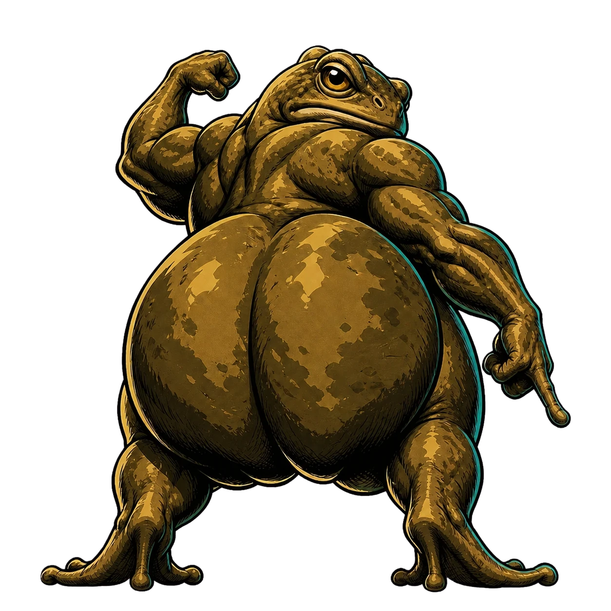 A very thick muscular frog holds a theatrical pose